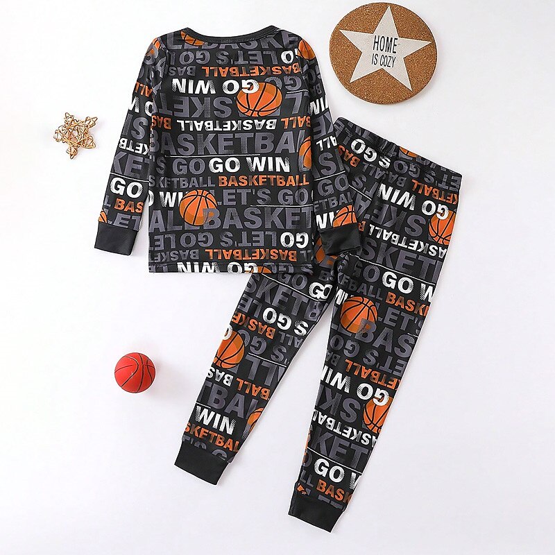 Boys 3D Letter Basketball Pajama Sets Long Sleeve 3D Print Fall Winter Active Cool Daily Kids 3-12 Years Crew Neck Home Causal Indoor Regular Fit4