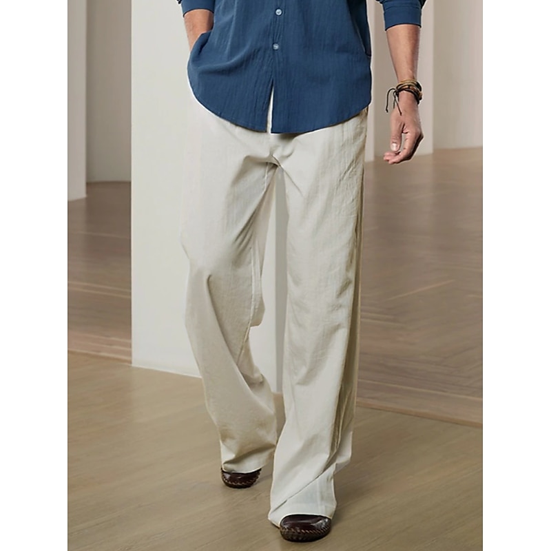 10% Linen Men's Linen Pants Trousers Summer Pants Beach Pants Drawstring Elastic Waist Pleats Plain Comfort Breathable Casual Daily Holiday Fashion Classic Style Black White4