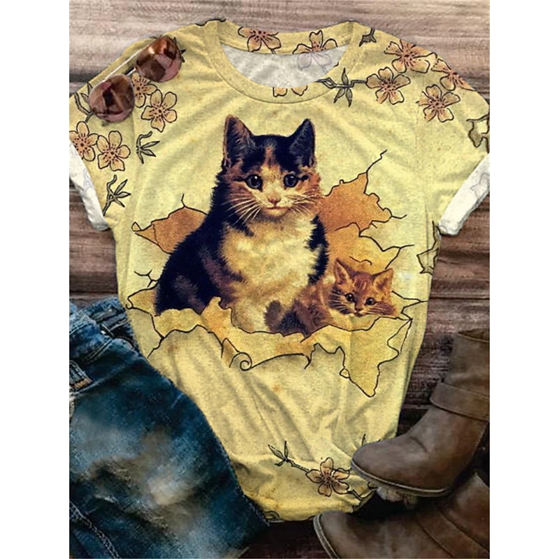Women's T Shirt Fashion Cat Print Short Sleeve Regular Tops Round Neck Daily Weekend Black Yellow Navy Blue Beige Summer2