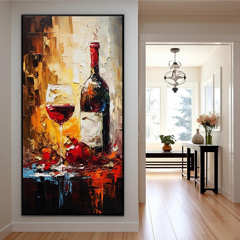 Bottle of Wine Painting Handpainted Glass of Wine Original Art Red Wine Home Room Wall Decor Kitchen Art  Modern Rolled Canvas No Frame2