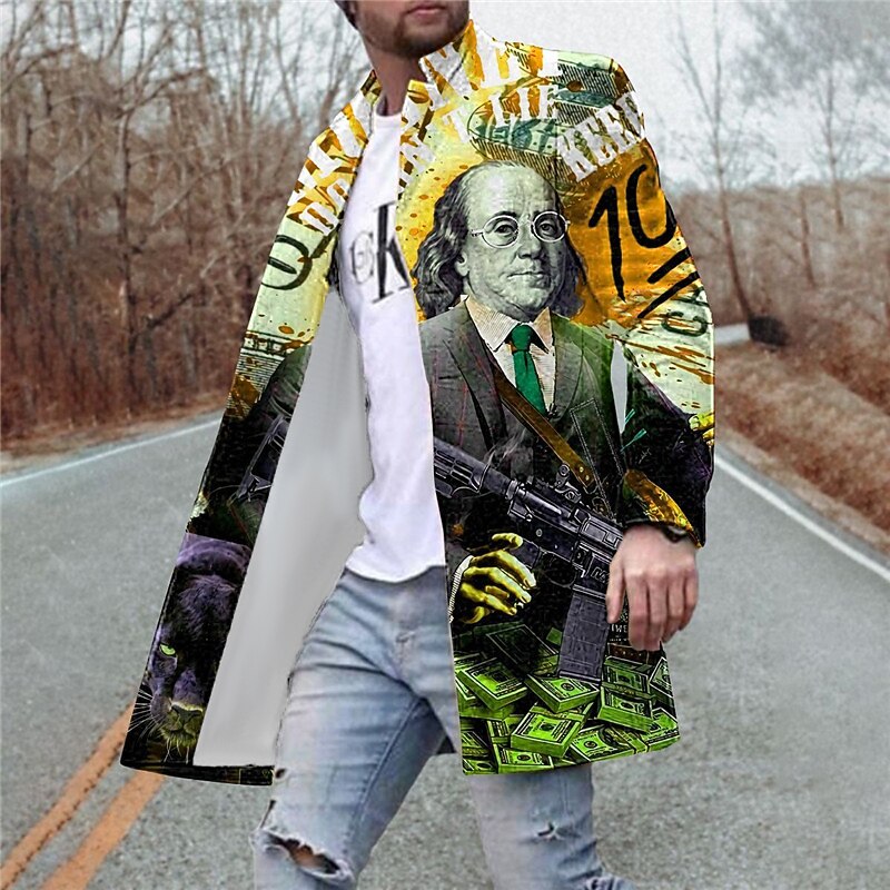 Men's Winter Coat Overcoat Coat Going out Weekend Print Fall & Winter Turndown Long Sleeve Yellow Red Purple2