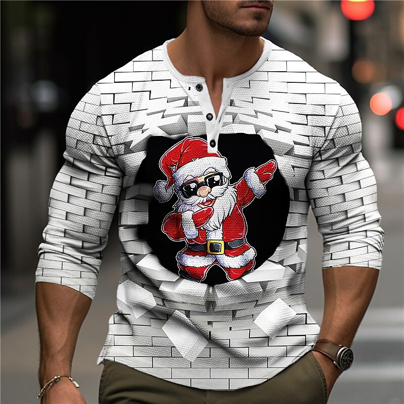 Christmas Men's Santa Claus Henley T Shirt Graphic Santa Claus Geometic Fashion Designer Casual 3D Print Henley Waffle Sports Outdoor Holiday Festival Red Blue Orange Long Sleeve Henley Spring