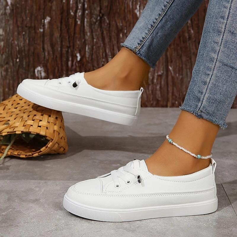 Women's White Casual Sneakers – Lace-Up Low-Top Canvas Shoes for Walking & Everyday Wear2