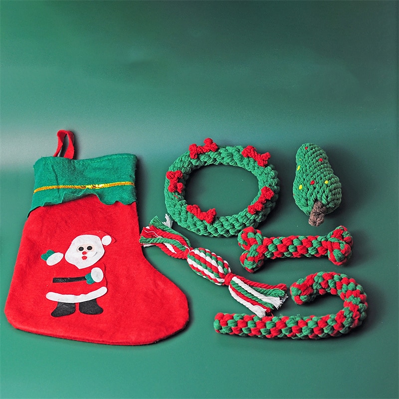 Christmas Pet Cotton Rope Toy Crutch Tooth Cleaning Dog Teething Toy Bite Resistant Rope Knot Dog Toy Set