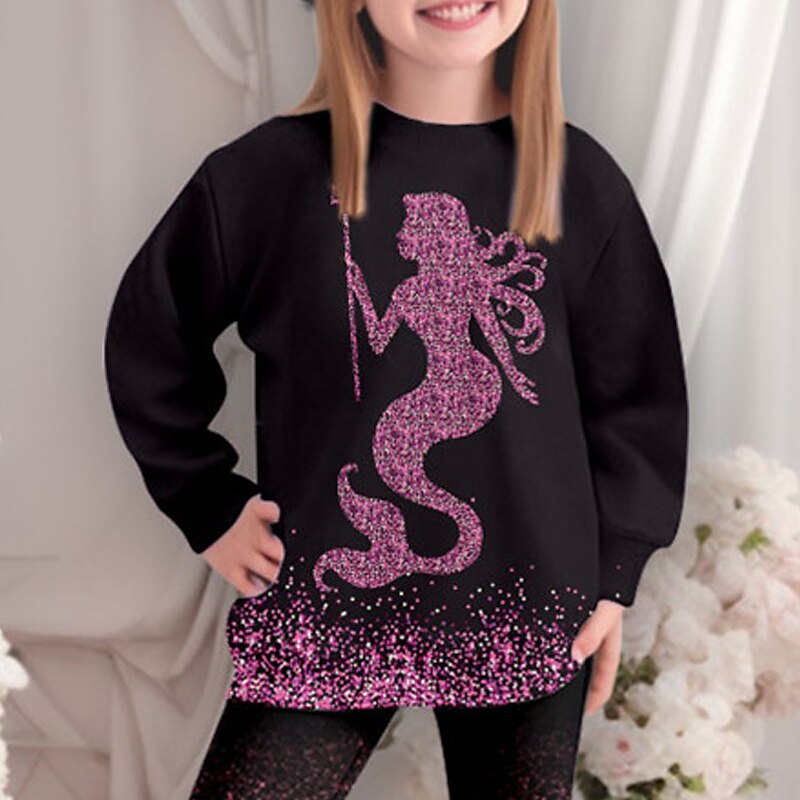 Girls' 3D Mermaid Sweatshirt & Legging Set Long Sleeve 3D Print Fall Winter Active Fashion Daily Kids 3-12 Years Crew Neck Outdoor Vacation Date Regular Fit4