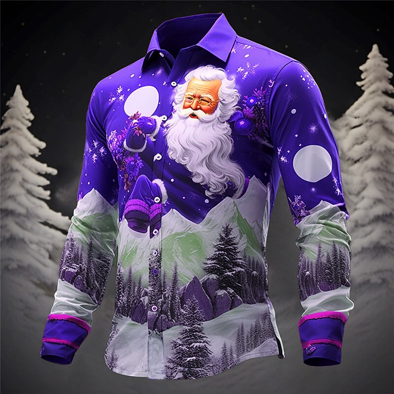 Men's Santa Claus Shirt Summer Hawaiian Shirt Long Sleeve Shirt Turndown Casual Christmas Outdoor Street Red Blue Sky Blue S M L3