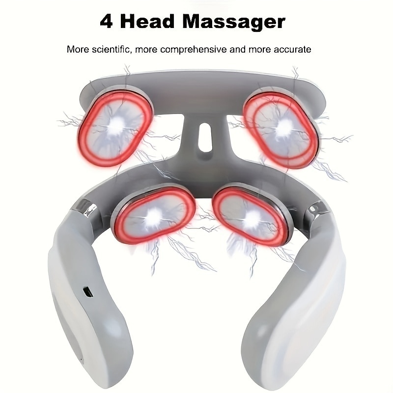 Multifunctional Hot Compress Pulse Kneading Neck MassagerSmart Wireless U-Shaped TENS EMS Pulse Heated Cervical Massager Deep Tissue Pain Relieve Fatigue 4 Massage Heads Neck Massager