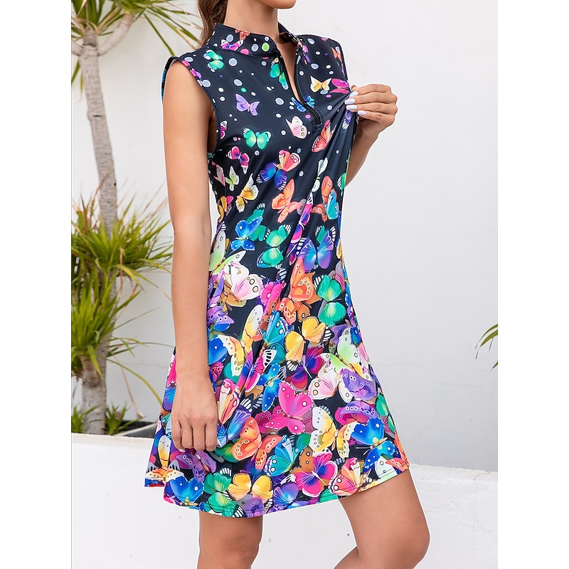 Women's Golf Dress Navy Blue Sleeveless Sun Protection Tennis Outfit Butterfly Ladies Golf Attire Clothes Outfits Wear Apparel4