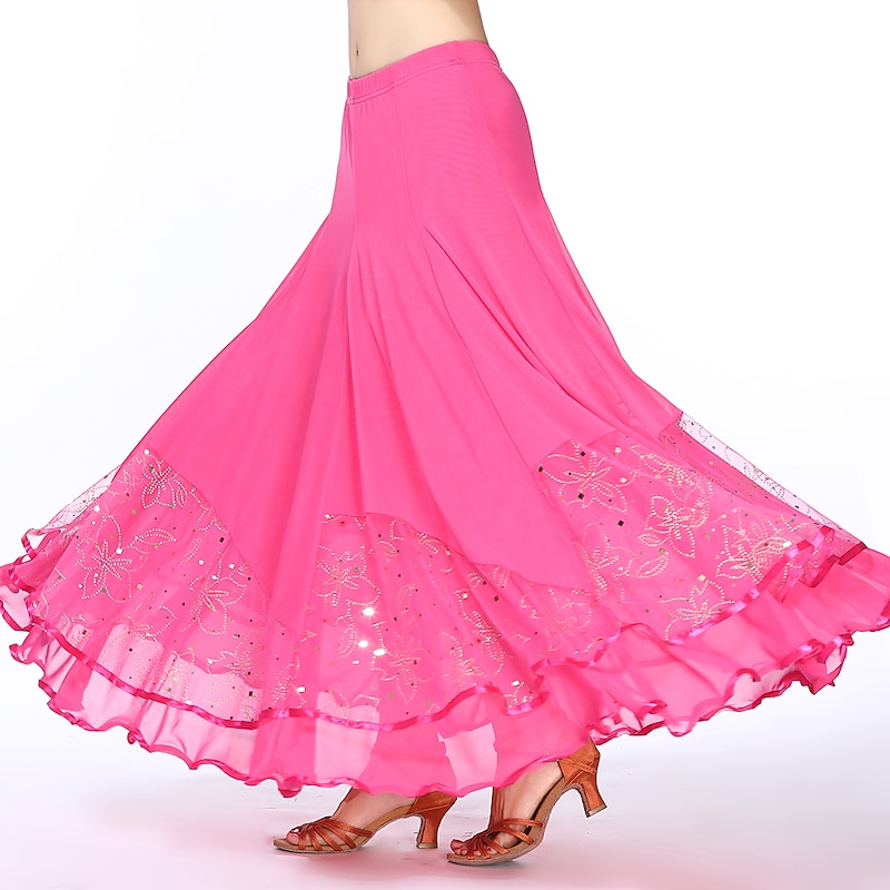 Ballroom Dance Skirts Printing Pure Color Ruffle Women's Performance Training Sleeveless High Polyester