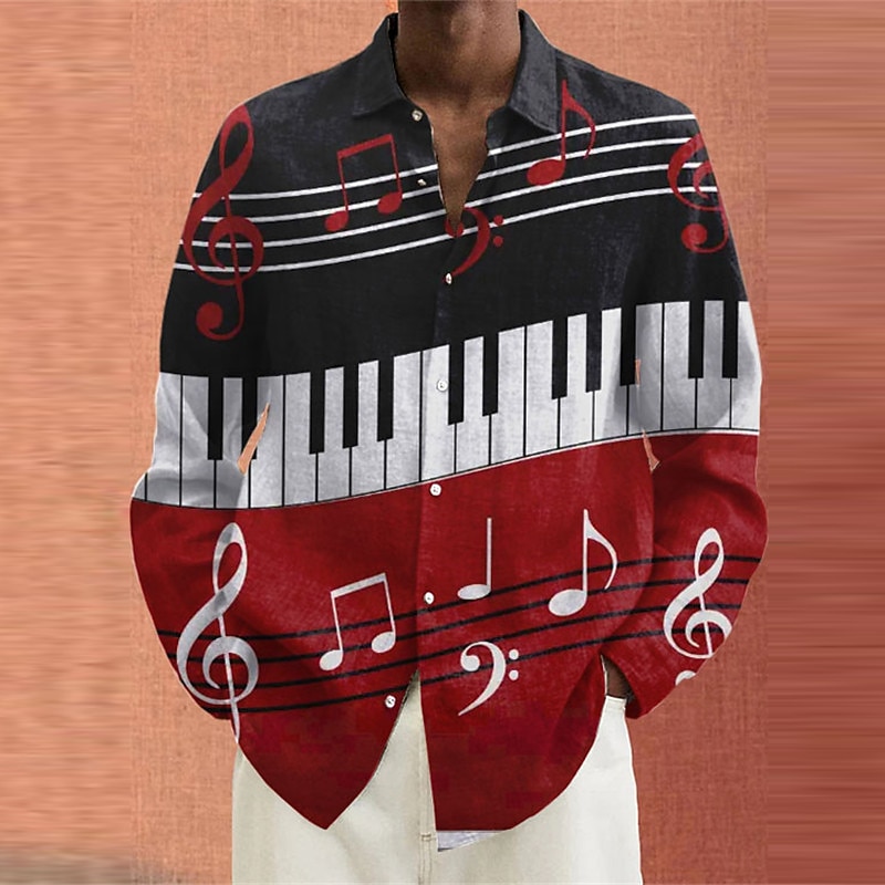 Men's Boardmasters Pano Keys Shirt Button Up Shirt Long Sleeve Casual Daily Wear Going out Weekend Fall & Winter Turndown Print Button-Down Black White Burgundy2