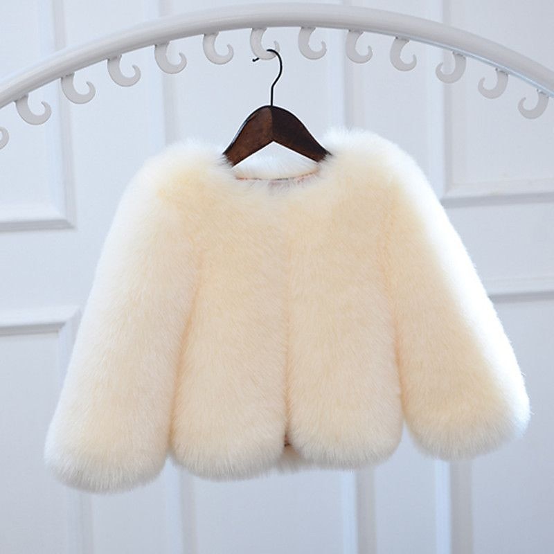 Kids Girls' Faux Fur Coat Solid Color Active School Coat Outerwear 7-13 Years Spring off white piece of red Black3