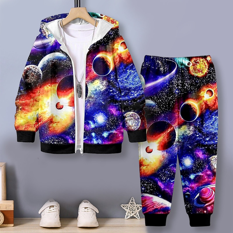 Boys 3D Galaxy Hoodie & Sweatpants Set Set Long Sleeve 3D Printing Fall Winter Active Fashion Cool Kids 3-12 Years Outdoor Vacation Street Regular Fit