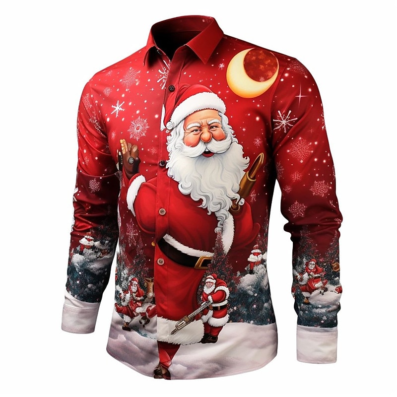 Christmas Men's Santa Claus Printed Shirts Santa Claus Casual Daily Wear Going out Fall & Winter Turndown Long Sleeve Dark Red, White, Red S, M, L 4-Way Stretch Fabric Shirt4