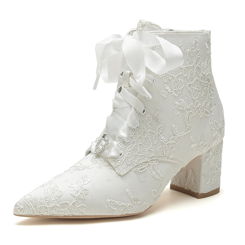 Women's White Lace-Up Bridal Booties – Floral Embroidered Satin Heels with Satin Ribbon and Rhinestone Detail for Weddings, Bridal Showers & Formal Occasions