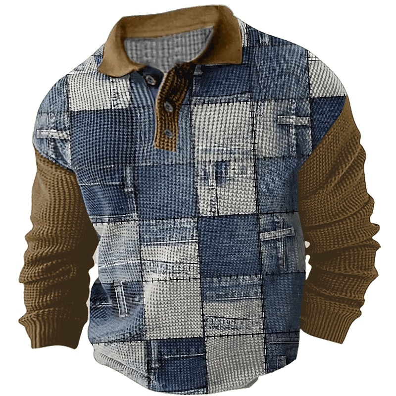 Men's Plaid Waffle Polo Shirts Golf Shirt Long Sleeve Polo Shirts Collared Shirts Vintage Casual Vacation Wear Formal Wear Festival Wear Buttons 3D Print Fall & Winter Black Blue Khaki2