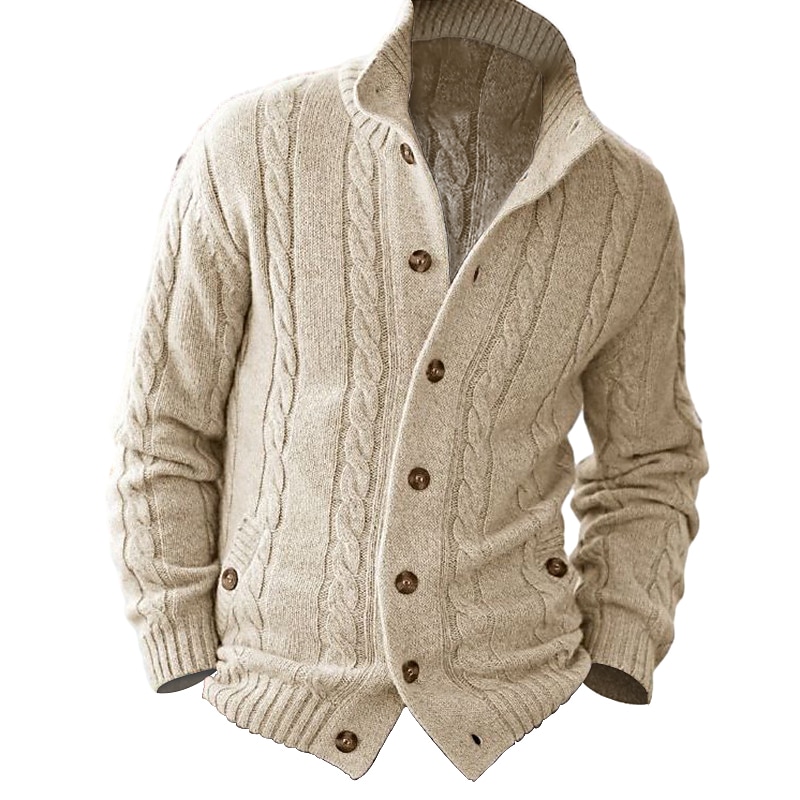 Men's Christmas Sweaters Cardigan Sweater Chunky Cardigan Cable Knit Cropped Button Up Side Pockets Plain Stand Collar Warm Ups Modern Contemporary Casual Daily Wear Clothing Apparel Fall Winter khaki