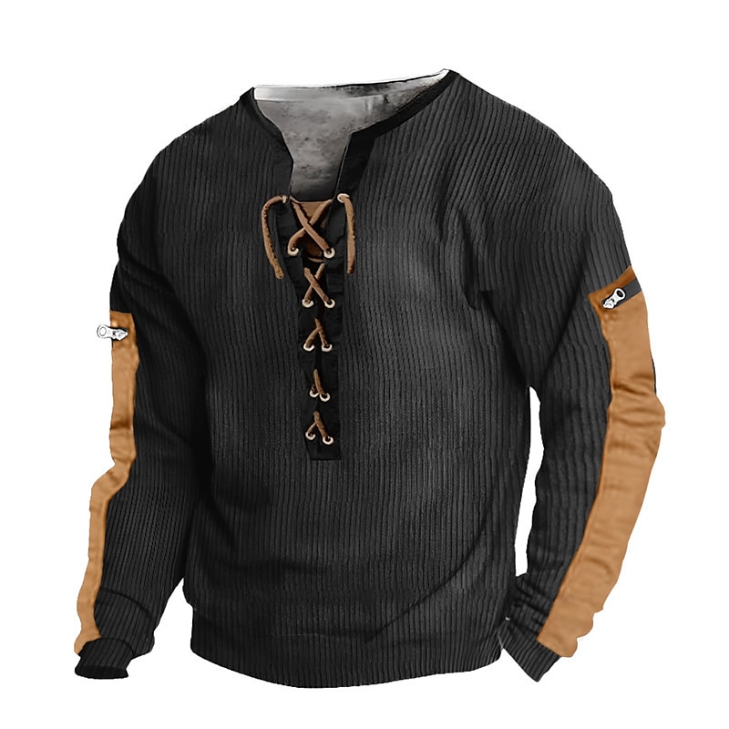 Men's Sweatshirt Black Blue Brown V Neck Color Block Lace up Patchwork Sports & Outdoor Daily Holiday Corduroy Streetwear Basic Casual Spring &  Fall Clothing Apparel Hoodies Sweatshirts  Long Sleeve2