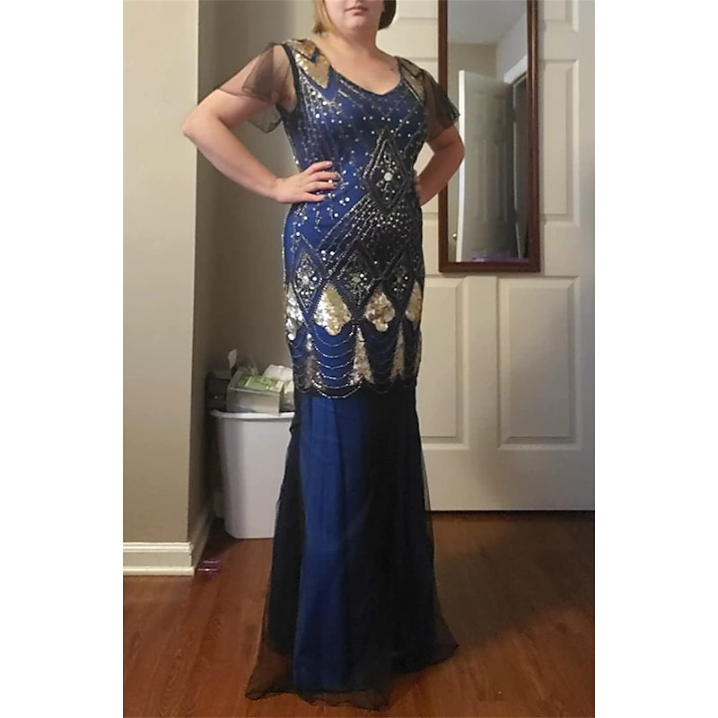 Retro Vintage Roaring 20s 1920s Flapper Dress Outfits Accessories Set The Great Gatsby Wedding Guest Sequins Sequin V Neck Fancy Dress Women's Halloween Carnival Masquerade Carnival Party / Evening3