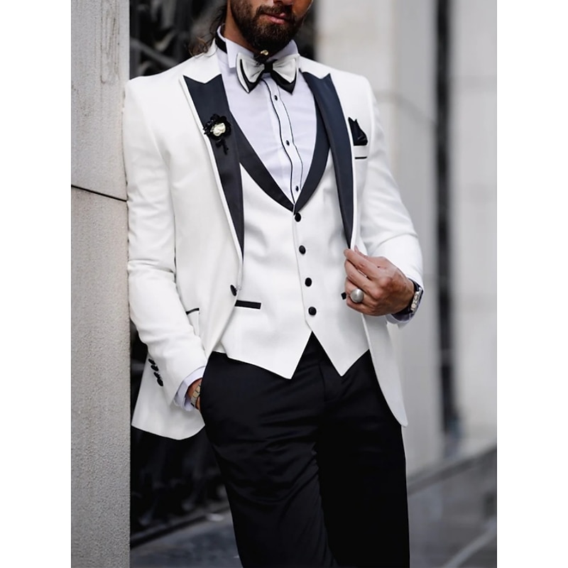 Men's Wedding Party Suits Peak Light Yellow White Solid Colored Tailored Fit 2 Piece Single Breasted One-button2