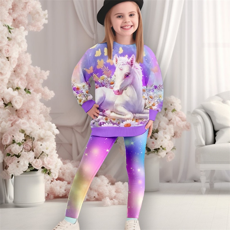 Girls' 3D Unicorn Sweatshirt & Legging Set Set Pink Long Sleeve 3D Print Fall Winter Active Fashion Daily Kids 3-12 Years Crew Neck Outdoor Vacation Date Regular Fit2