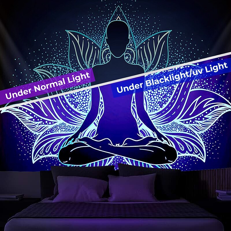 Blacklight Tapestry UV Reactive Glow in the Dark Glow Party Neon Bohemian Meditation Psychedelic Buddha Chakra Trippy Misty Hanging Tapestry Wall Art Mural for Living Room Bedroom2
