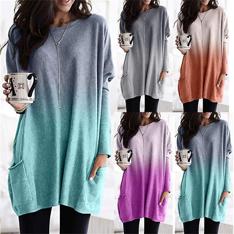 Women's Loungewear Top Gradient Simple Casual Comfort Home Daily Breathable Crew Neck Long Sleeve Pocket Fall Winter Home Outfits3