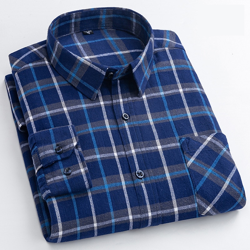 Men's Shirt Casual Shirt Plaid Shirt Button Up Shirt Plaid / Check Outdoor Daily Wear Navy Blue Royal Blue Blue Sky Blue Long Sleeve Lapel Fall & Winter Clothing Apparel Front Pocket3