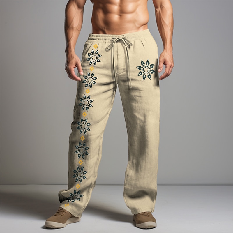 Men's Graphic Florals Linen Pants Pants Trousers Baggy Pants Mid Waist Vintage Casual Vacation Daily Wear Going out Spring Fall Black White Khaki