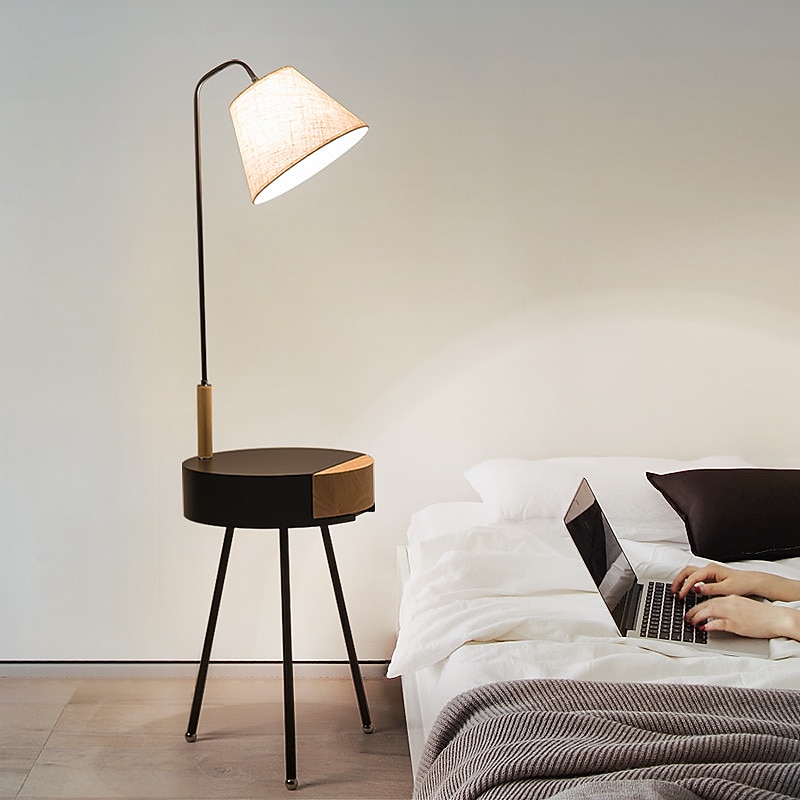 Wooden Floor Lamp LED with Table, Modern Tripod Floor Lamp Dimmable with Remote Control, E27 Bedside Lamp Bedroom with Wooden Drawer Shelf for Living Room, Reading Lamp, Office, Children's 110-240V3