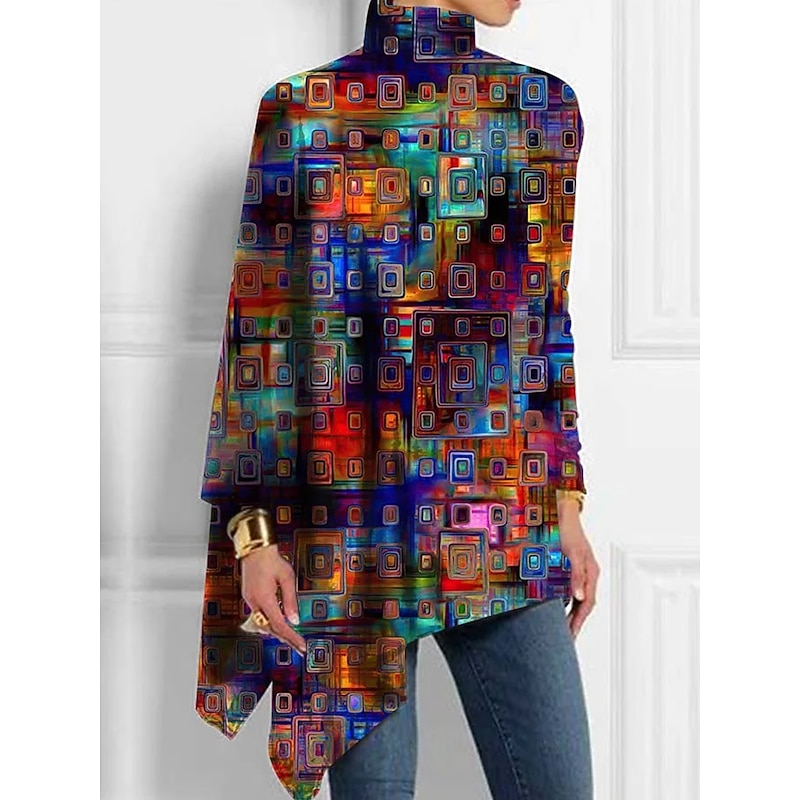 Women's T Shirt Floral Fashion Long Sleeve High Neck Long Tops Holiday Weekend Print Asymmetrical Black Yellow Red Blue Purple Spring &  Fall2