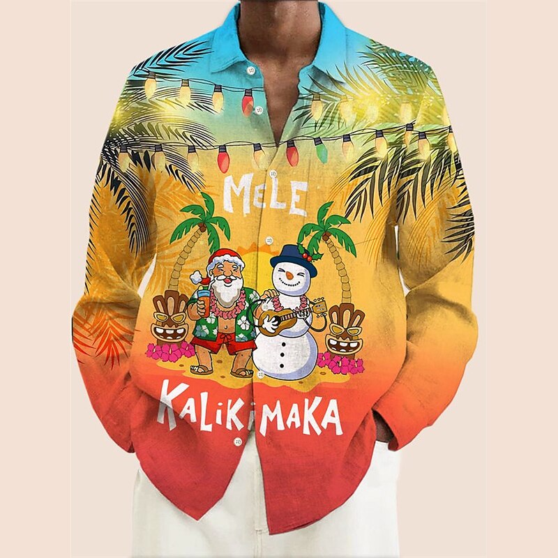 Santa Claus Palm Tree Casual Men's Shirt Daily Wear Going out Fall & Winter Turndown Long Sleeve Burgundy, Orange S, M, L 4-Way Stretch Fabric Shirt Christmas