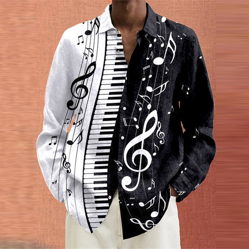 Men's Boardmasters Pano Keys Shirt Button Up Shirt Long Sleeve Casual Daily Wear Going out Weekend Fall & Winter Turndown Print Button-Down Black White Burgundy