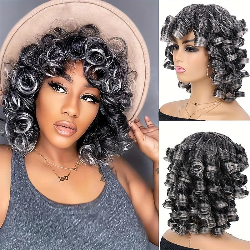 Short Afro Curly Wigs With Bangs For Women Kinky Curly Hair Wig 2 Tone Big Bouncy Fluffy Curly Wig 12Inch2