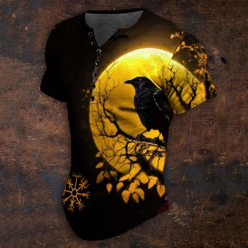 Men's Graphic Crow Viking T Shirt Henley Shirt Short Sleeve 3D Print Daily Retro Vintage Classic Sports Outdoor Holiday Going out Spring &  Fall Yellow Red Blue Green Henley Henley T-Shirt2