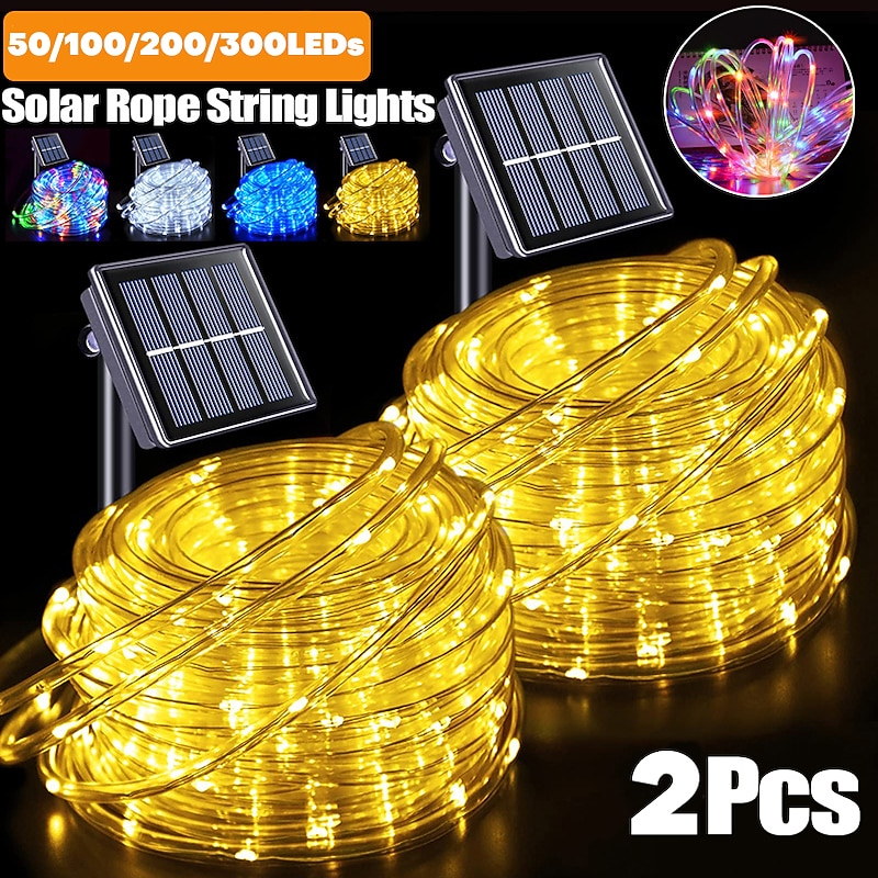 2Pcs Solar Rope Lights Outdoor Waterproof 8Modes   LED String Fairy Lights for Christmas, Tent, Gazebo, Trampoline, Walkway, Pool