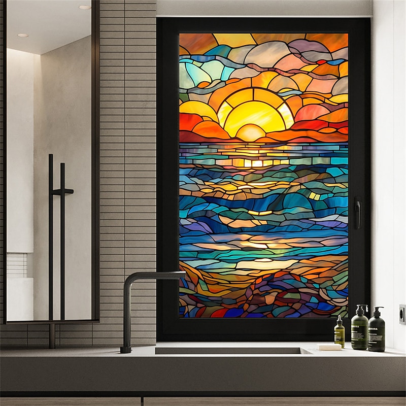 Stained Glass Window Film Colorful Window Stickers Stained Glass Electrostatic Removable Window Privacy Stained Decorative Film for Home Office