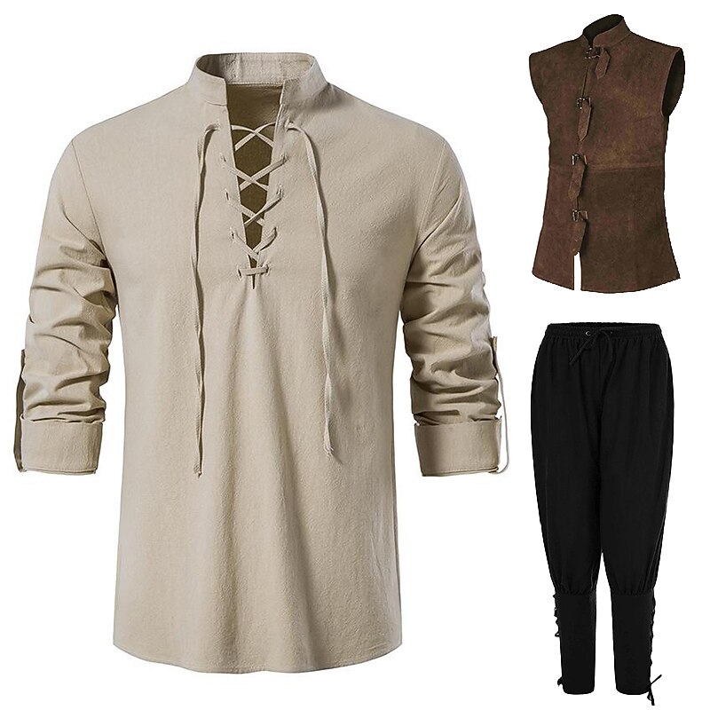 Set with Medieval Shirts Pirate Pants Vest 3 PCS Outfits Knight Ritter Viking Celtic Knight  Men's Renaissance 17th Century Cosplay Costume LARP Party Casual Daily Renaissance Fair