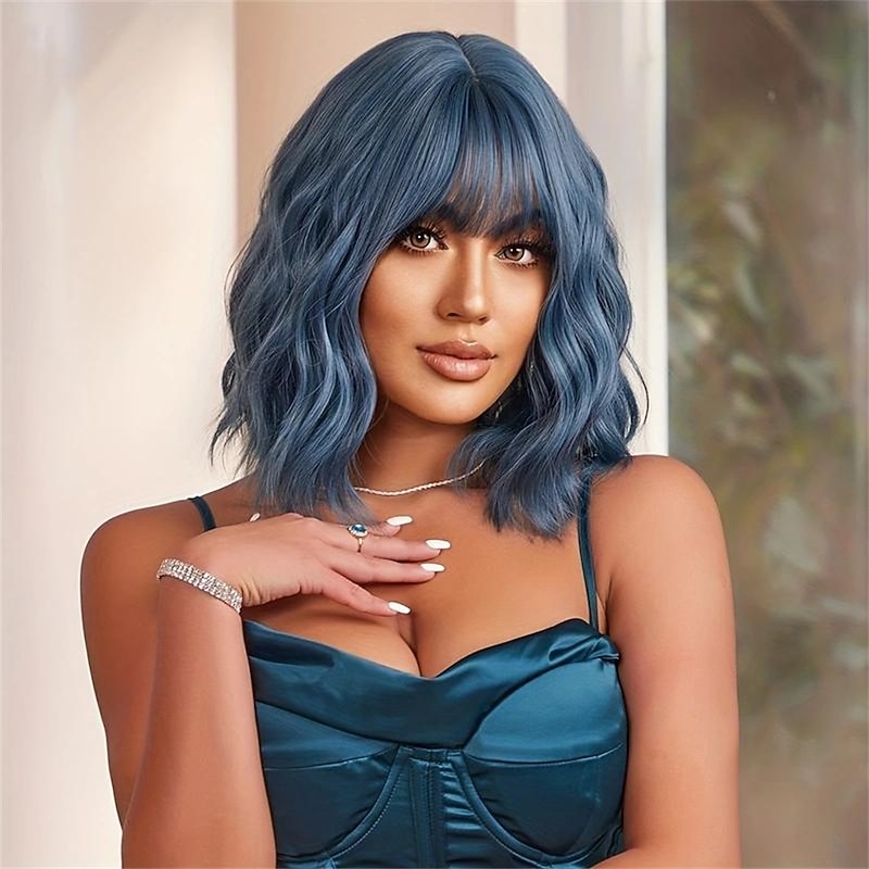 Blue Short Wavy Curly Hair Wigs With Bangs 14 Inch Synthetic Fiber Hair Wigs For Women Elegant Hair Wigs For Daily Party Cosplay Halloween Use2