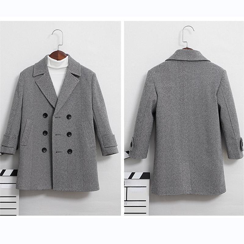 Kid's Unisex Woolen Coat Outerwear Solid Color Long Sleeve Pocket Buttons Coat School Fashion Daily Khaki Gray Spring Fall 7-13 Years
