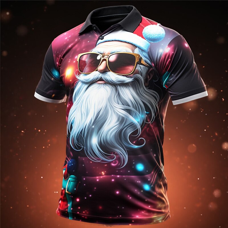 Christmas Men's Santa Claus 3D Polo Santa Claus Casual Golf Short Sleeve Outdoor Daily Wear Streetwear Autumn / Fall 3D Print Turndown Black Black / Red Red Polyester4