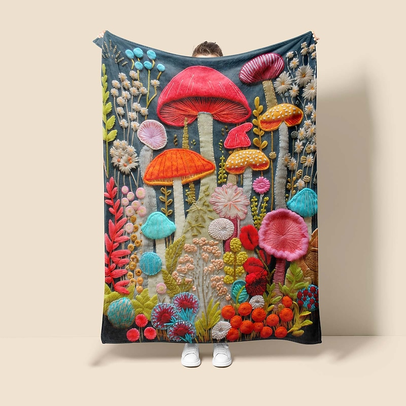 Mushroom Quilt Art Pattern Big Blanket Super Soft Throw Blanket Novelty Flannel Warm 3D Printed All Seasons Room Decor Gifts Big Blanket4