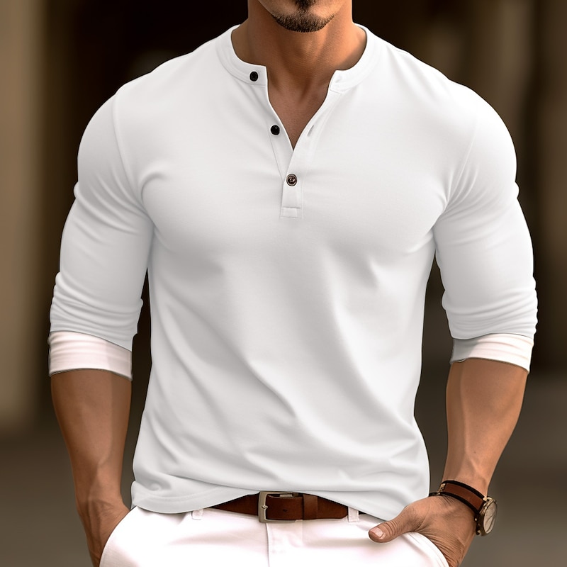Men's Button T Shirt T Shirt Henley Shirt Tee Top Long Sleeve Henley Spring & Fall Color Block Fashion Designer Basic Patchwork Vacation Street Going out White Blue Dark Gray Top Tee for Men3