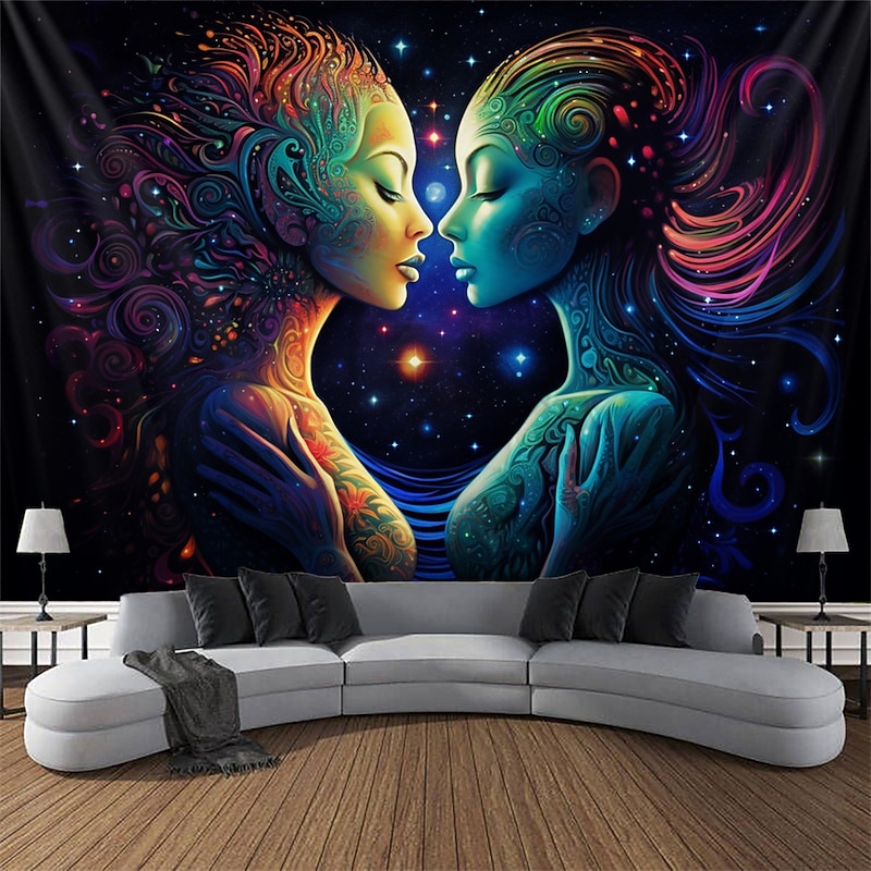 Blacklight Tapestry UV Reactive Glow in the Dark Glow Party Neon Trippy Misty Duel Women Hanging Tapestry Wall Art Mural for Living Room Bedroom2