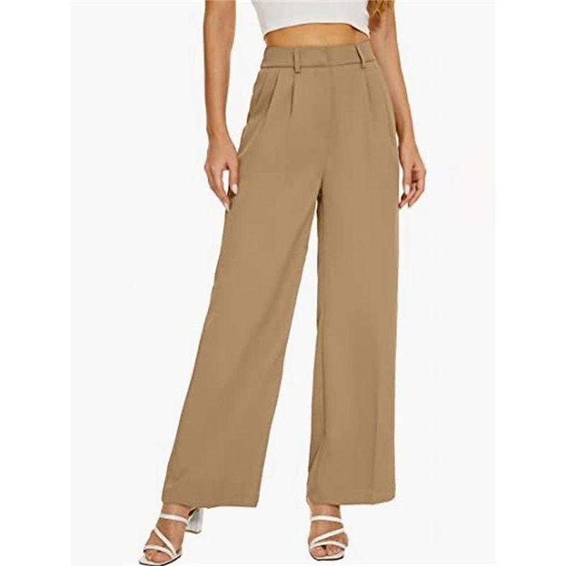 Women's Dress Pants Wide Leg Pants Trousers Elegant Fashion Work Full Length High Waist Solid Color Pocket High Cut Breathable Soft Comfortable Micro-elastic Office Street Business Light Blue Ivory2