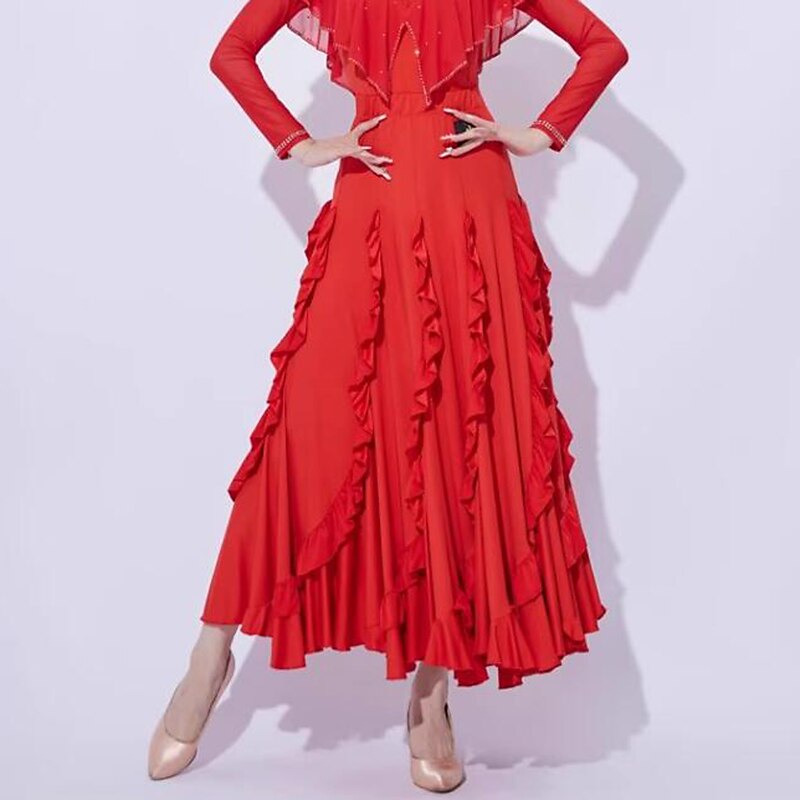 Ballroom Dance Skirts Ruffles Pure Color Splicing Women's Performance Training Milk Fiber4