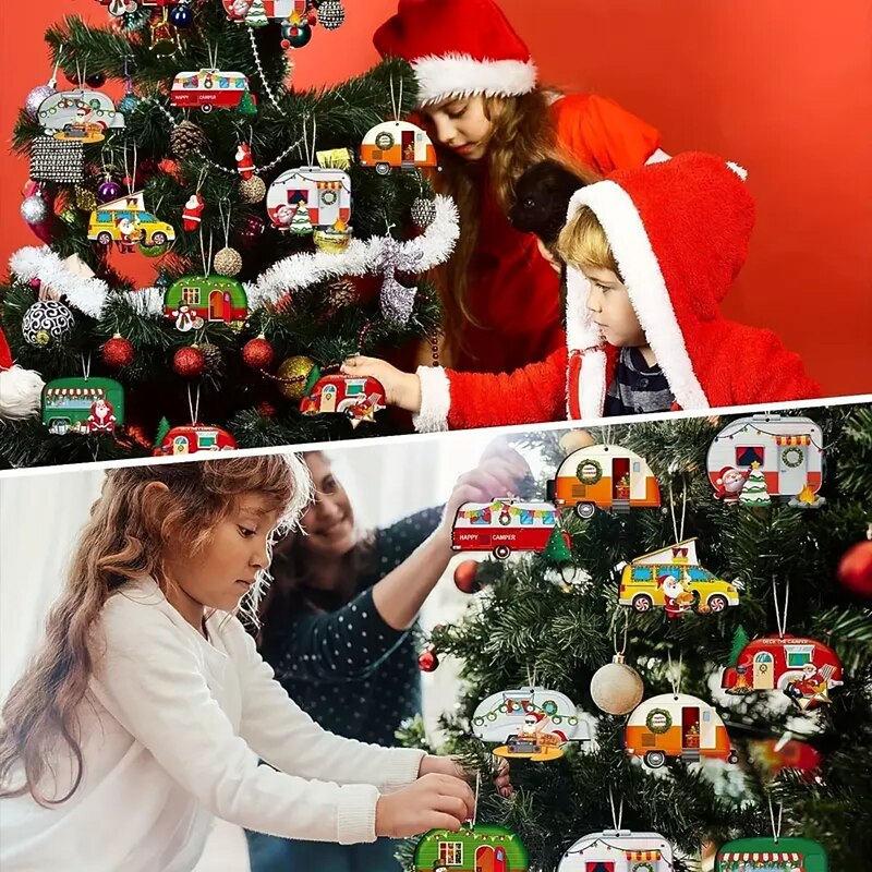 24pcs Happy Camper Christmas Ornaments Caravan Wooden Christmas Tree Decoration Vintage Santa Claus RV Trailer Hanging Ornaments For Holiday Home Party Crafts Scene Decor Room Decor Home Decor Window Decor Pendant Holiday Party Decor (With Rope)4