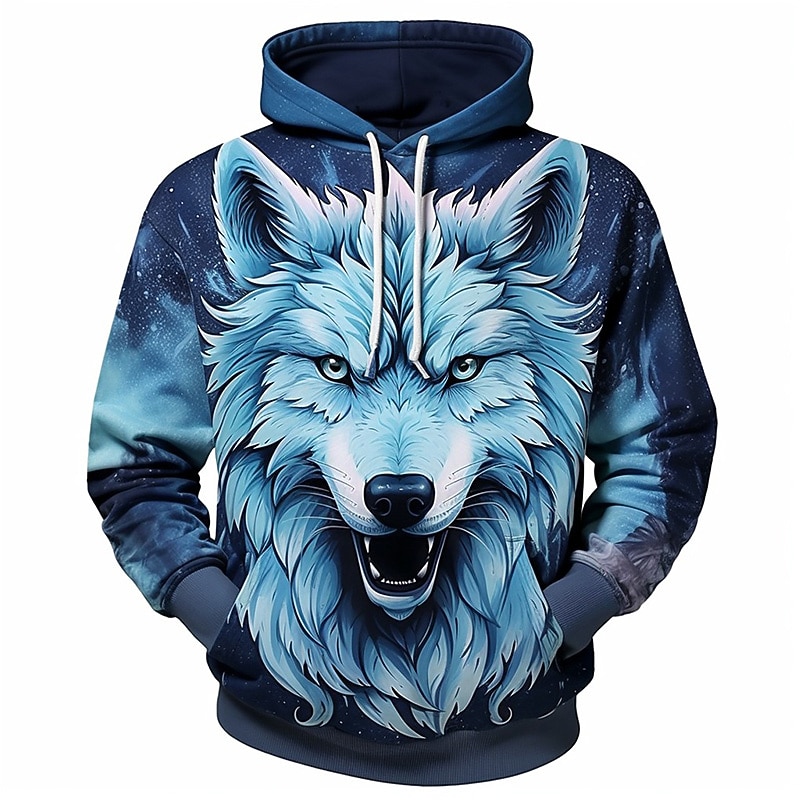 Men's Graphic Wolf Hoodie Hoodies Sweatshirt Fashion Daily Long Sleeve Hooded Vacation Sports Outdoor Holiday Blue Dark Blue Print Front Pocket Spring &  Fall Designer4