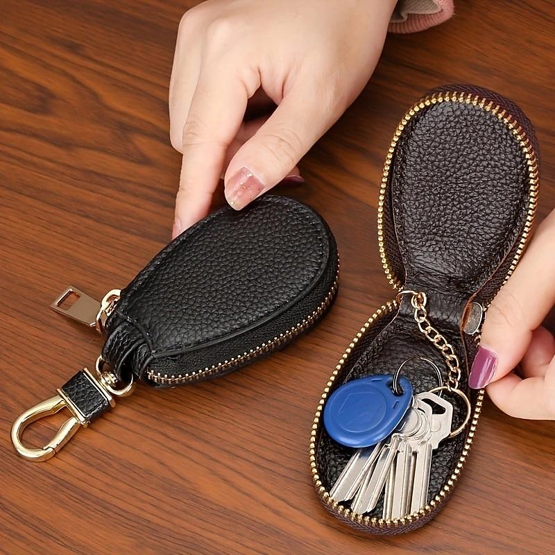 Faux Leather Zipper Key Case – Compact Key Organizer with Keychain Clip for Women & Men, Secure Key Holder for Car & Home Use3