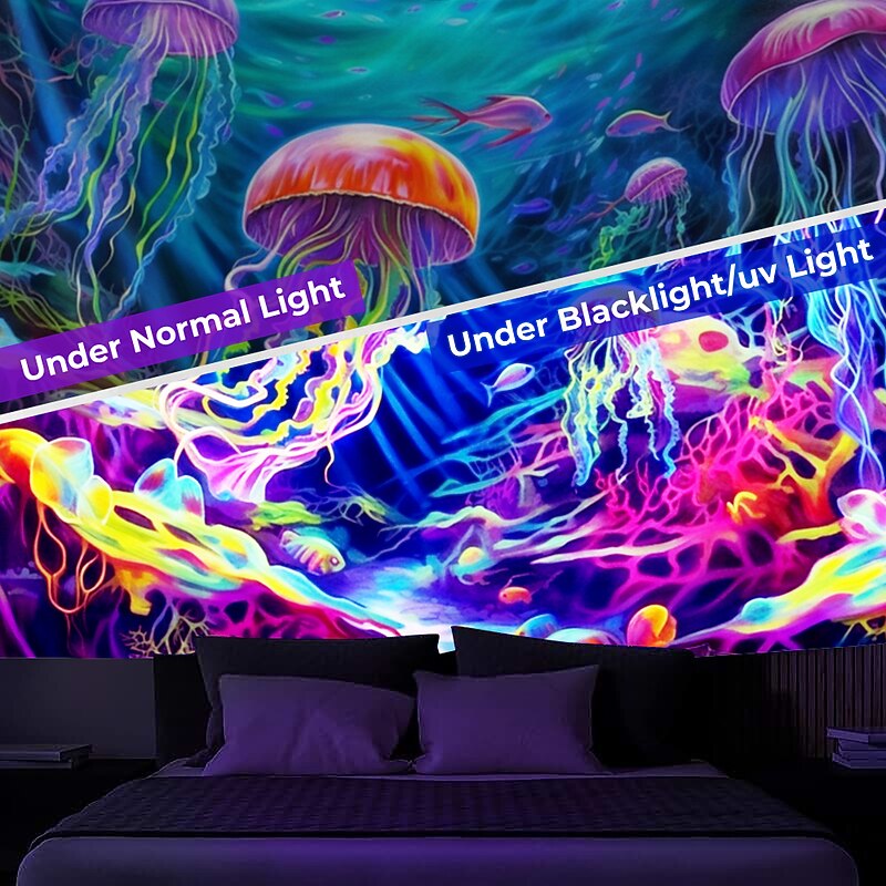 Blacklight Tapestry UV Reactive Glow in the Dark Glow Party Neon Jellyfish Undersea Psychedelic Trippy Misty Hanging Tapestry Wall Art Mural for Living Room Bedroom3