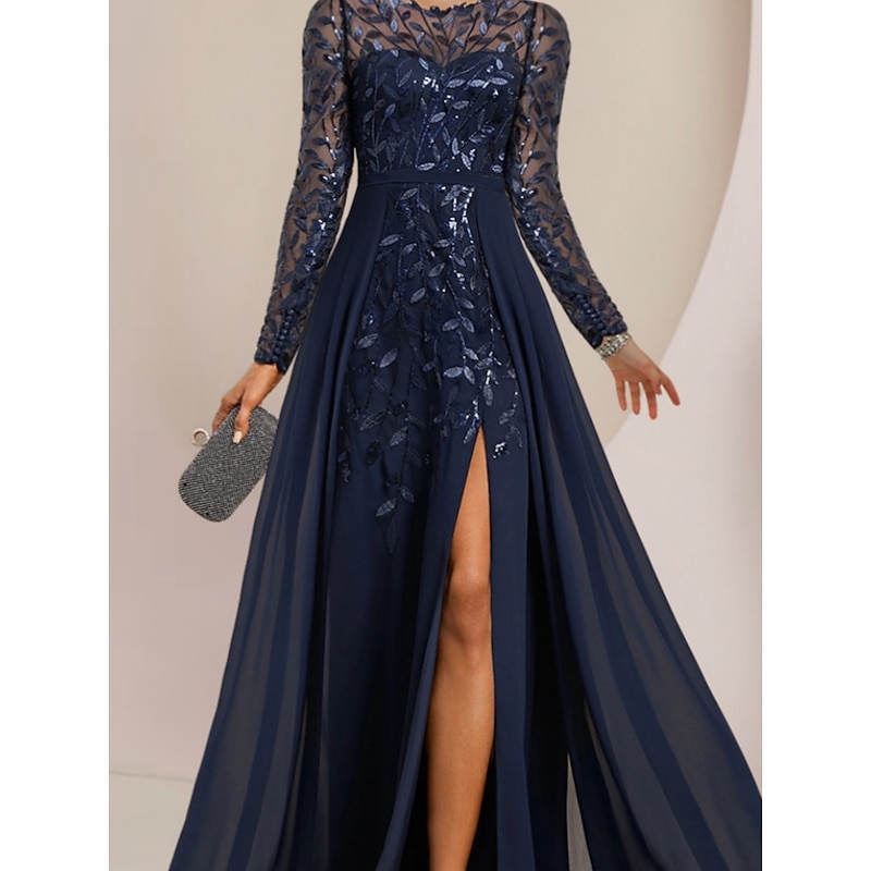 A-Line Mother of the Bride Dress Wedding Guest Elegant Jewel Neck Floor Length Chiffon Lace Sequined Long Sleeve with Split Front Ruching Solid Color3